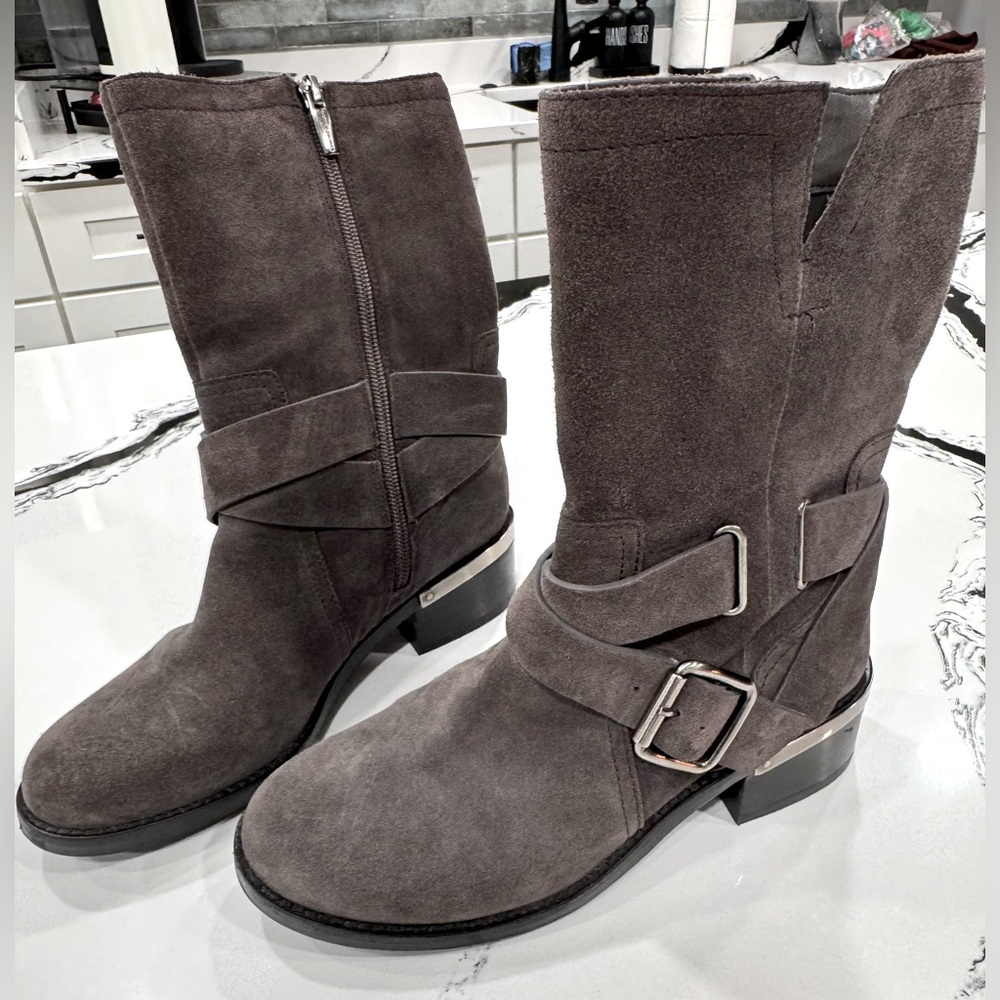 Vince Camuto Wethima Dark Grey Suede Block Heels Mid-Calf Buckle Moto Boots 6.5